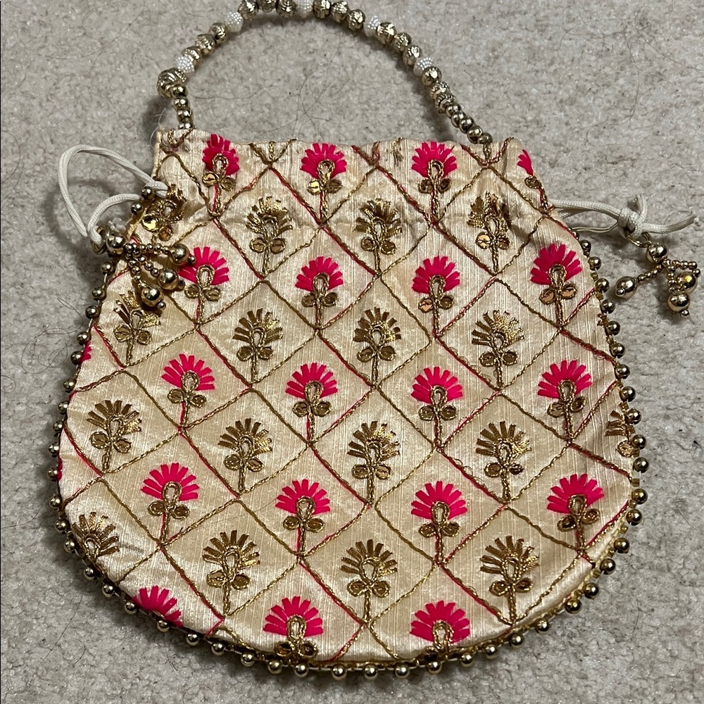 Embroidered Drawstring Potli Bag in Cream and Hot Pink